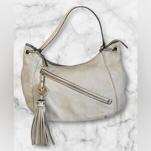 Michaels Kors Bone Pebbled Leather Hobo Tassel Satchel Gold Hardware Purse Bag